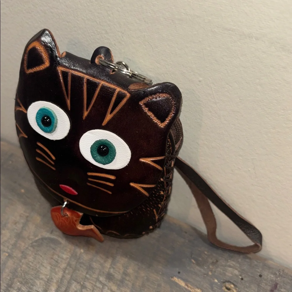 Brown Cat Face Leather Wristlet Bag